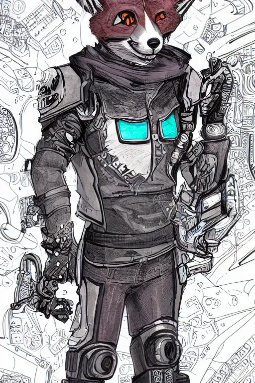 Image similar to a detailed illustration of an anthropomorphic fox cyberpunk tech - sorcerer, comic book style, trending on furaffinity