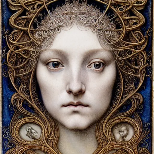 Image similar to detailed realistic beautiful young medieval queen face portrait by jean delville, gustave dore, iris van herpen and marco mazzoni, art forms of nature by ernst haeckel, art nouveau, symbolist, visionary, gothic, pre - raphaelite, horizontal symmetry, fractal lace, realistic ornate gilded medieval icon