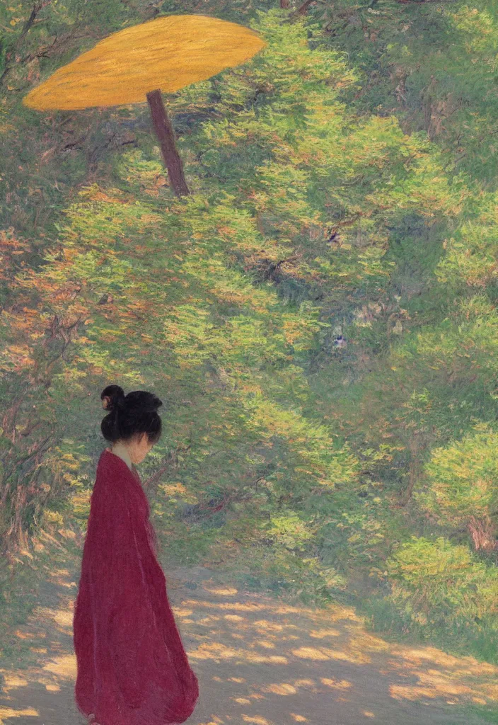 Prompt: tiny character in front of a beautiful japanese country side landscape, amazing ryokan, lofi vibe, vivide colors, amazing light, really beautiful nature, oil painting, impressionist style, by jeremy lipkin, by claude monet, by ghibli, kandinsky touches, multiple brush strokes, masterpiece, scene by hokusai