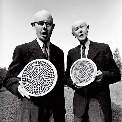 Image similar to gilbert and george playing with frisbees, in the park, where's wally