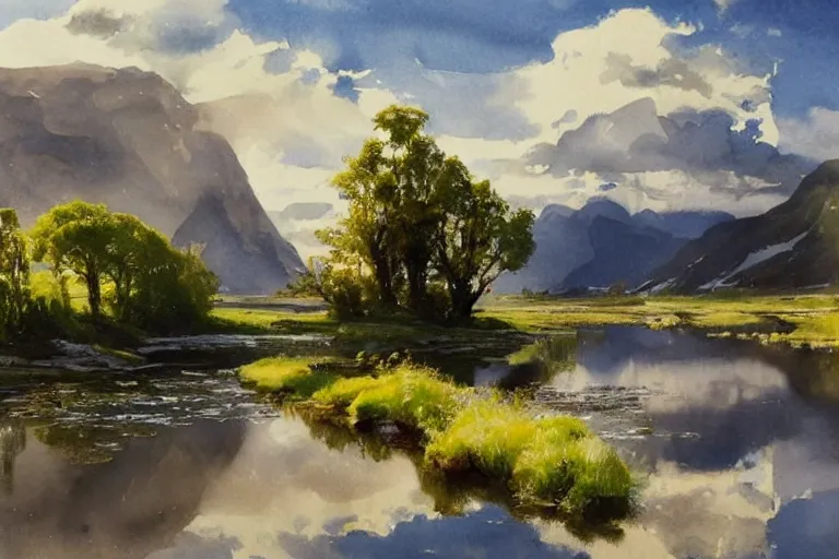 Prompt: watercolor painting of small cold river, pond, reflections, tall mountains and clouds, mythological art by hans gude, romance art by hans dahl, by jesper ejsing, art by anders zorn, wonderful masterpiece by greg rutkowski, cinematic light, american romanticism by greg manchess, creation by tyler edlin