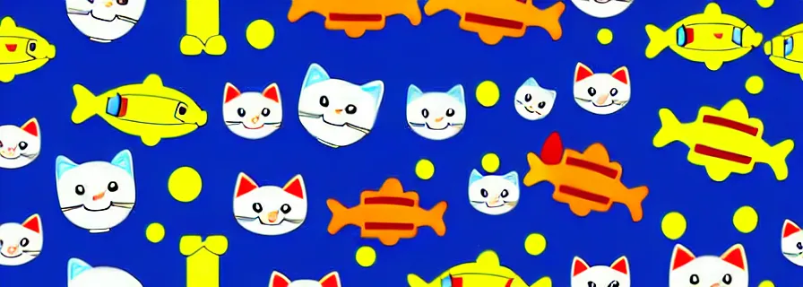 Prompt: pattern with cats in astronaut suits and fish figures, mild colors, black background,