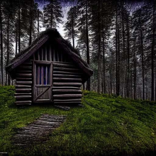 Prompt: very realistic photo of the wooden hut located near the dark forest, slavic mythology, bilibin style, noir, wide lens, 8 k