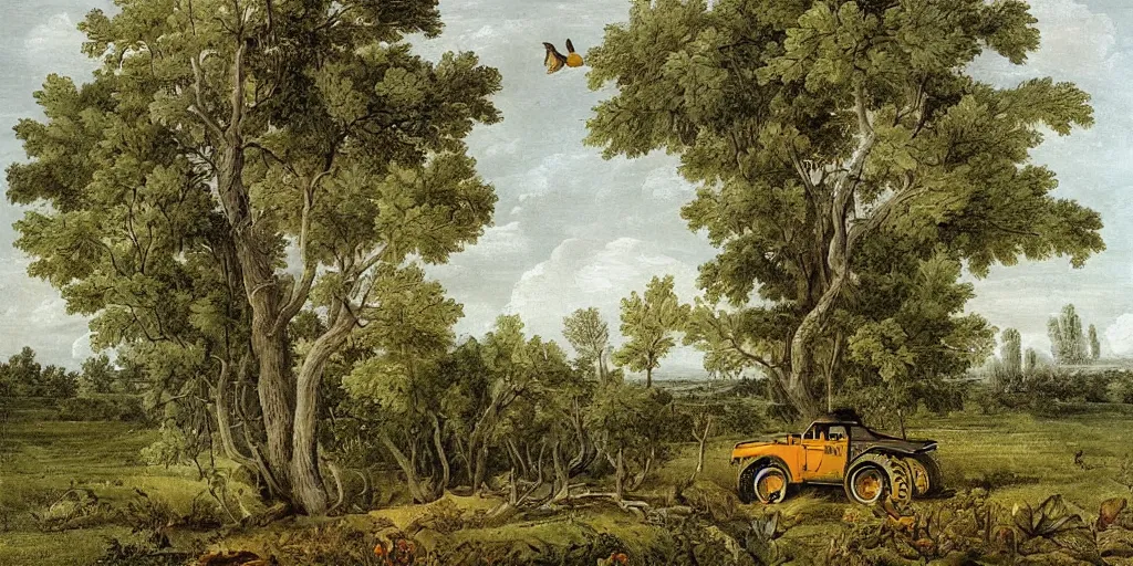 Image similar to Monster truck, plain white background, green leaves and trees, naturalistic, in the style of birds of america, painting by john james audubon