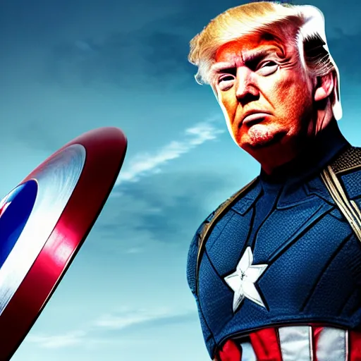 Prompt: Donald Trump as Captain America, epic, movie still, photorealistic, cinematic, 8k,