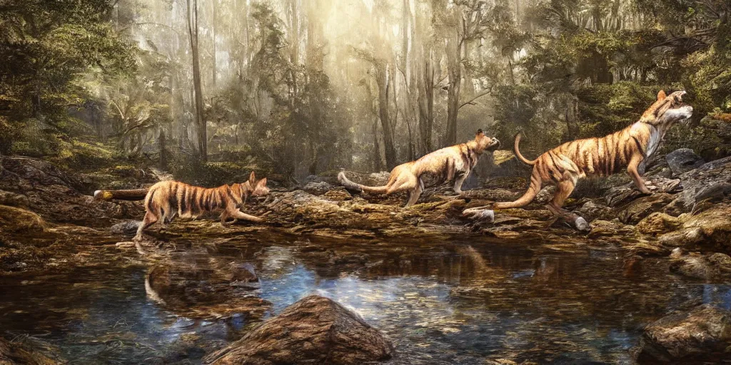 Image similar to Intricate detailed illustration, Tasmanian Tiger reflected in an alpine stream, cinematic lighting, by Philip Hood, wide angle, volumetric light scattering, 8k, artstation, concept art,