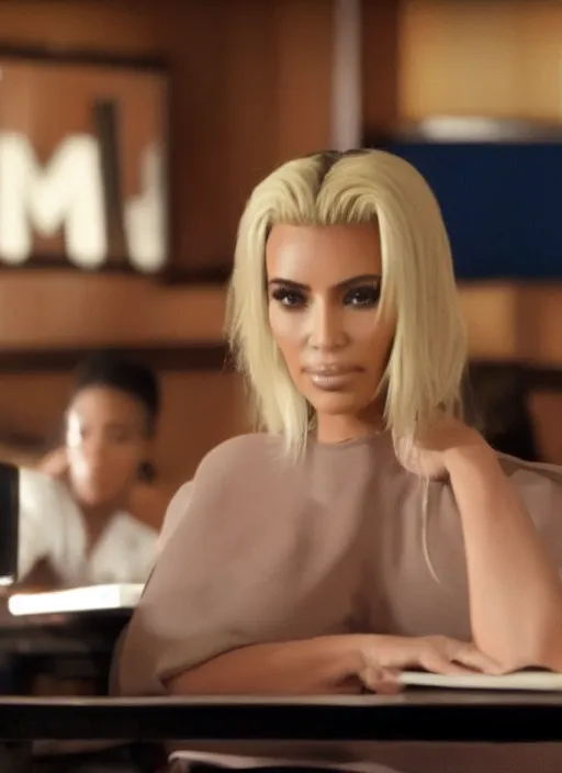 Image similar to film still of kim kardashian as a hot blonde teacher, leaning over a table, cinematic lighting,