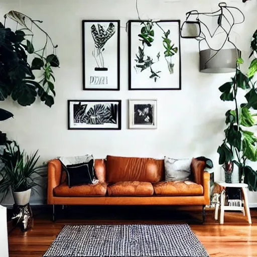 Prompt: living room interior design with style of japandi, ikea, warm wood, urban jungle plants, dark tile floor, art wall, music instruments, music records