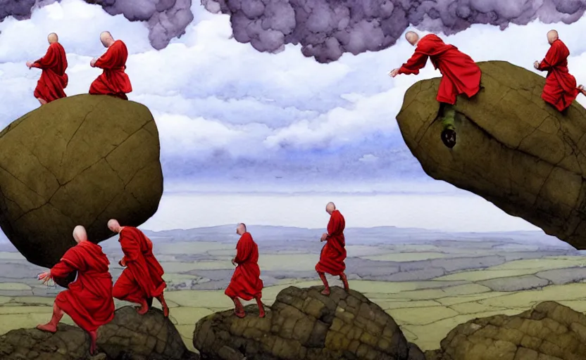 Image similar to a hyperrealist watercolour concept art of a group of grey monks levitating a huge rock in the air over their head. it is a misty night on the moors of ireland. a large flat rock is in the sky. by rebecca guay, michael kaluta, charles vess and jean moebius giraud. high detail, hq, wide shot