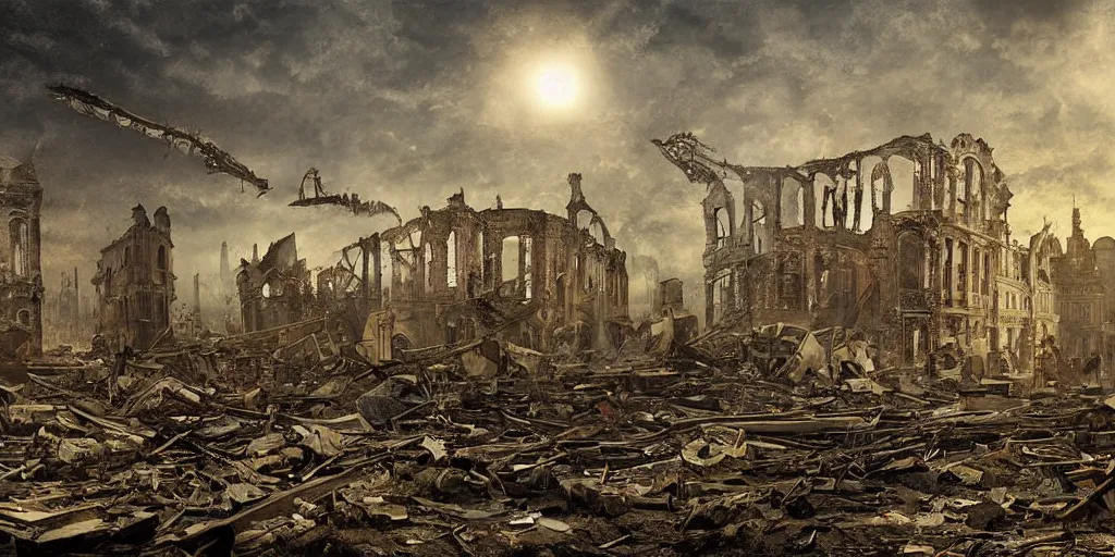 Image similar to victorian city in ruins at night, crashed zeppelin in the background, digital art, high definition