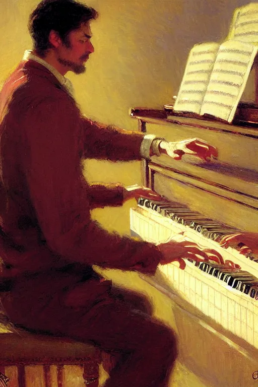 Image similar to attractive man, playing piano, painting by gaston bussiere, craig mullins