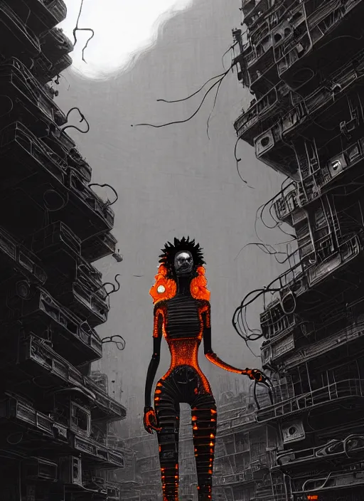 Image similar to highly detailed portrait of wasteland punk long curly fire hair tribal lady, stray wiring by atey ghailan, james gilleard, by joe fenton, by greg rutkowski, by greg tocchini, by kaethe butcher, 4 k resolution, gradient red, orange, black and white color scheme!!! ( ( flaming robotic dystopian city spiral background ) )