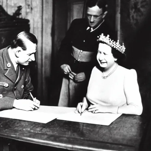 Prompt: 5 0 mm 1 9 4 6 historical photo, of a single german general and a young queen elizabeth signing a peace treaty, a cute corgi watches from above, french village interior, highly detailed, sharp focus, symmetrical face