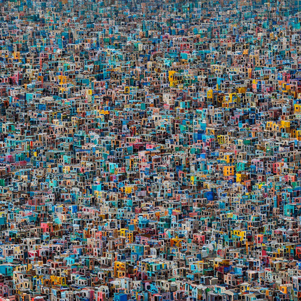 Prompt: close - up swirling towers made up of colourful makeshift squatter shacks, faded colours, neutral sky, dystopia, mamiya, very detailed, ultra sharp, photographed by john chiara and ansel adams