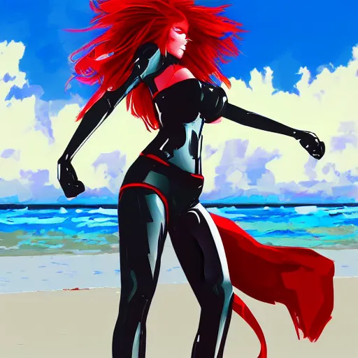 Image similar to cybertronic woman with scarlet red hair and curvacious body at the beach, yoji shinkawa influences, digital painting, synthwave, anime influences