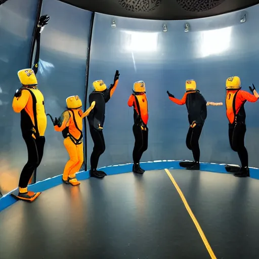 Image similar to photorealistic crowds of happy customers applauding to indoor skydiving instructor demo show in vertical wind tunnel facility tunneltech