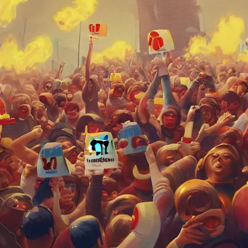 Image similar to people riot for getting macdonalds hamburgers. artstation, art surreal