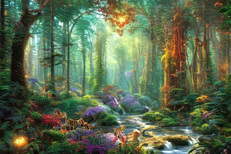Prompt: a beautiful forest untouched by civilization, fine digital art, extreme detail, highly complex, very intricate, volumetric lighting, by Thomas Kinkade and Mucha