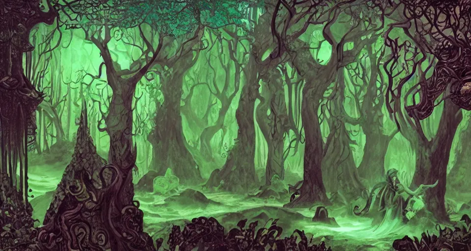 Prompt: Enchanted and magic forest, by H.P. Lovecraft