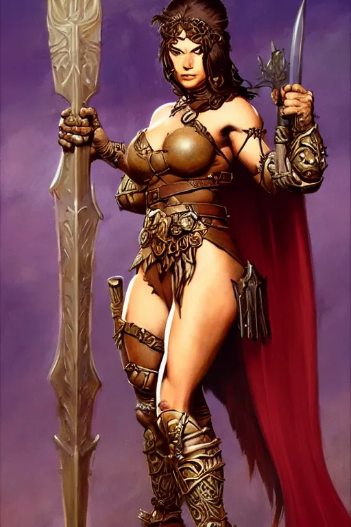 Image similar to warrior princess character portrait by frank frazetta - wearing ornate armor, holding a spear, striking a pose, fantasy, dungeons & dragons, sharp focus, beautiful, artstation contest winner, detailed