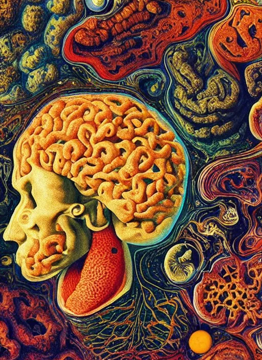 Prompt: vintage cereal commercial for cereal made of brains, colorful chromatic abberation, double exposure photo from the 7 0 s, all of the world's brain knowledge in one brain, by ernst haeckel, by chaim soutine