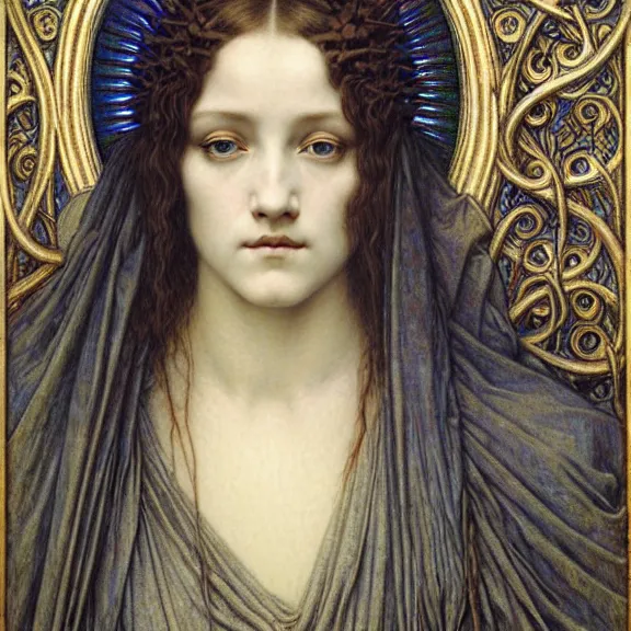 Image similar to detailed realistic beautiful young medieval queen face portrait by jean delville, gustave dore and marco mazzoni, art nouveau, symbolist, visionary, gothic, pre - raphaelite. horizontal symmetry