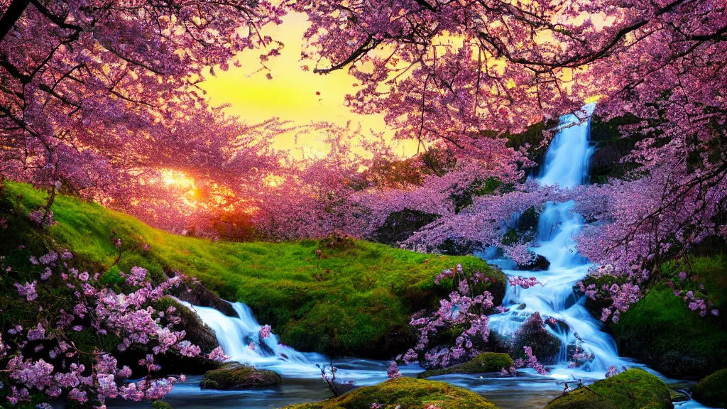 Prompt: featured on artstation cherry tree Cherry blossom meadow waterfall sunset beautiful image stylized digital art