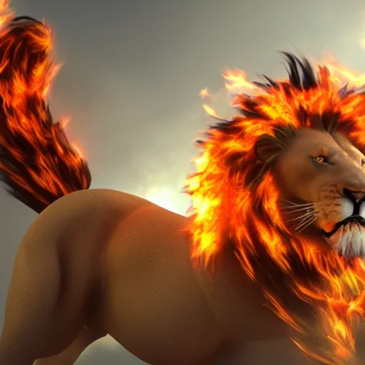 Image similar to fire lion, flaming, detail, unreal engine, cinematic lighting, colorful