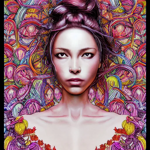 Image similar to the portrait of an incredibly beautiful woman made of onions and cherries, an ultrafine detailed illustration by james jean, final fantasy, intricate linework, bright colors, behance contest winner, vanitas, angular, altermodern, unreal engine 5 highly rendered, global illumination, radiant light, detailed and intricate environment