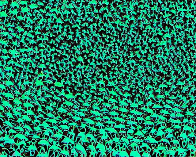 Prompt: a swarm of humans form an unreal locust formation. they fly in unison as one creature inspired by trypophobia. they glow with gods grace