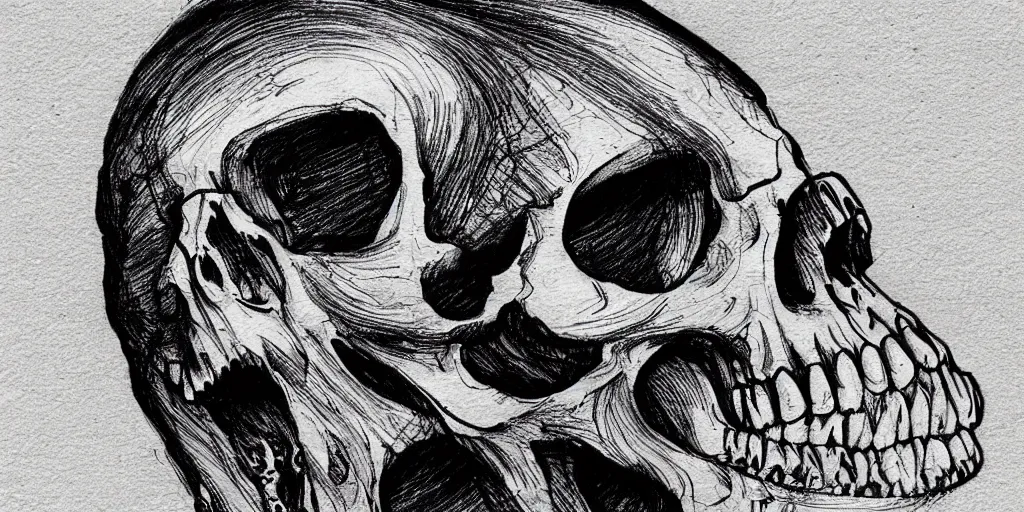 Image similar to ink lineart drawing of a screaming skull on a white background, crosshatch, chinese brush pen illustration, high contrast, deep black tones, contour