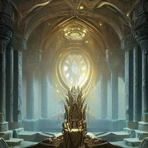 Image similar to the throne room of an elven castle, very sofisticated, marble and gold, by peter mohrbacher and dan mumford and nekro, cgsociety, volumetric light, 3 d render