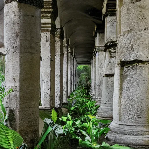 Image similar to the colonnade of the ancient cathedral in the jungle, death