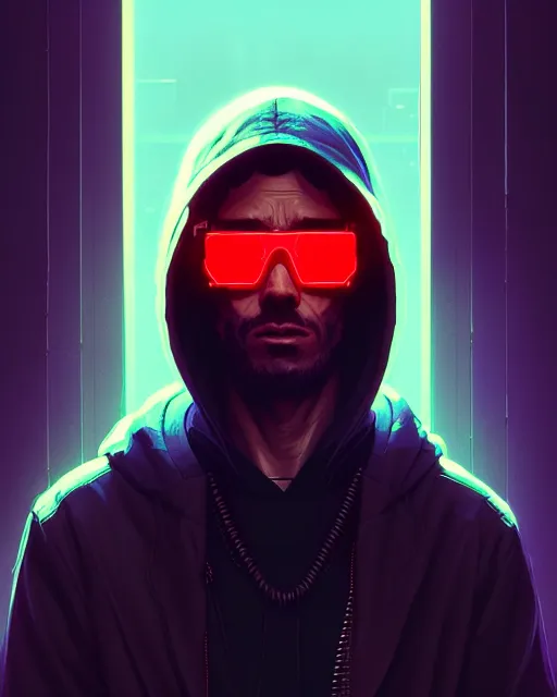 Image similar to cyberpunk synth, hyper - realistic detailed portrait of a man in a hoodie, digital painting, by artgem, by atey ghailan, by greg rutkowski, by greg tocchini, by james gilleard, by joe fenton, by kaethe butcher, sharp focus