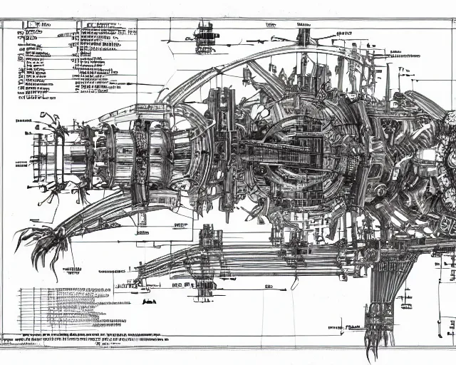 Prompt: a full page of a mechanical blueprint showing a simple cutaway design for a mechanized wolf from howl's moving castle ( 2 0 0 4 ), with people inside piloting it, muted colors, post grunge, studio ghibli, hq