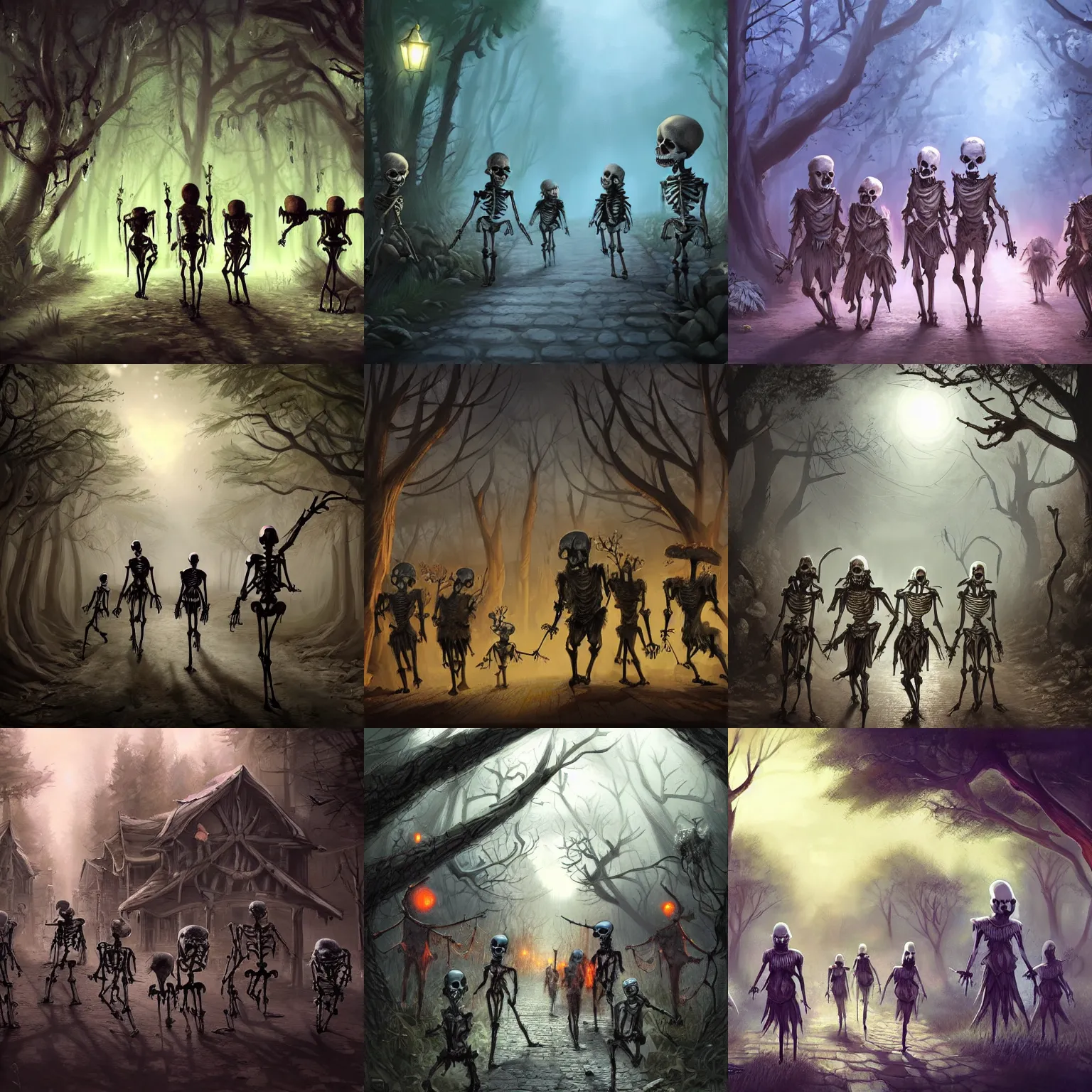 Prompt: a group of dangerous skeletons walking in a forest village street at night, dmd, concept art, fantasy art, detailed