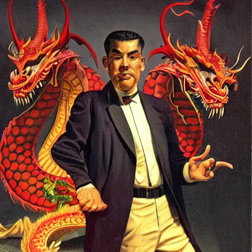 Image similar to A mafia man, behind him is a Chinese dragon emanating a red aura of danger, avant garde, 3d render by J.C. Leyendecker rhythmic