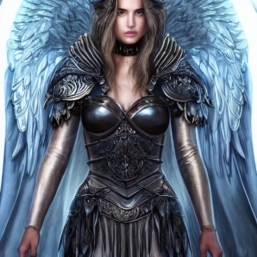 Image similar to beautiful young aasimar angel valkyrie warrior girl maiden wearing comfy leather armor with beautiful feathered angel wings, blue eyes, beautiful face, Alessandra Ambrosio, Natalie Portman, Emily Ratajkowski, innocent, intricate, elegant, highly detailed, ultradetailed, hyperdetailed, artstation, concept art, smooth, sharp focus, illustration, by Mark Arian and Dorothy Lathrop and Steve Henderson