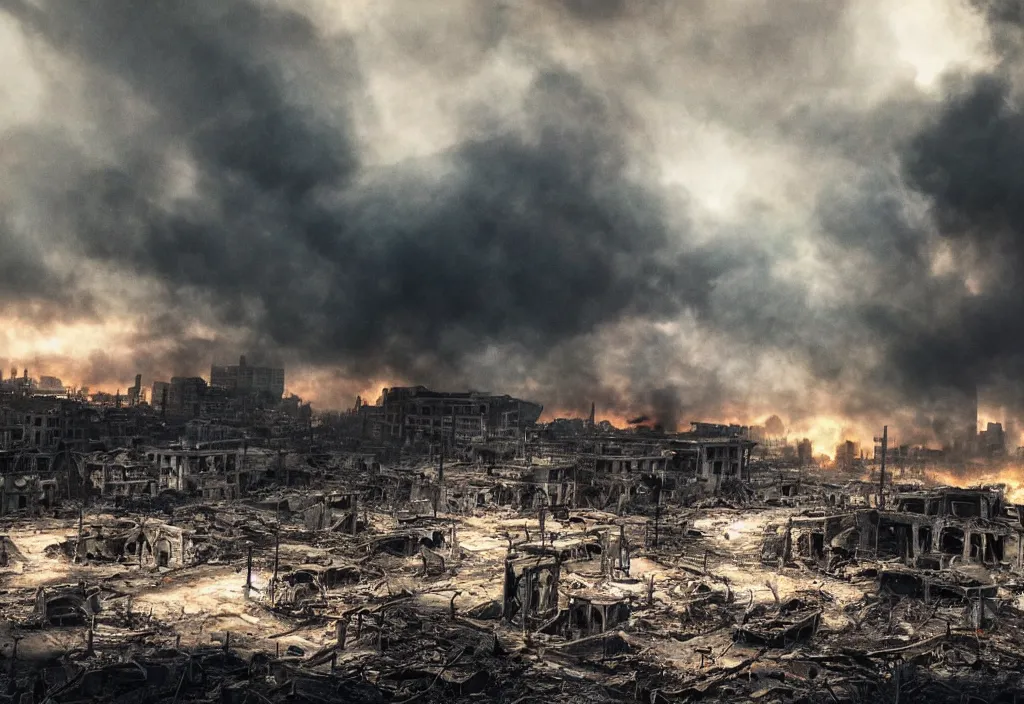 Prompt: a photo of an awesome dramatic apocalyptic vista scene with smoke and destroyed buildings, dramatic lighting