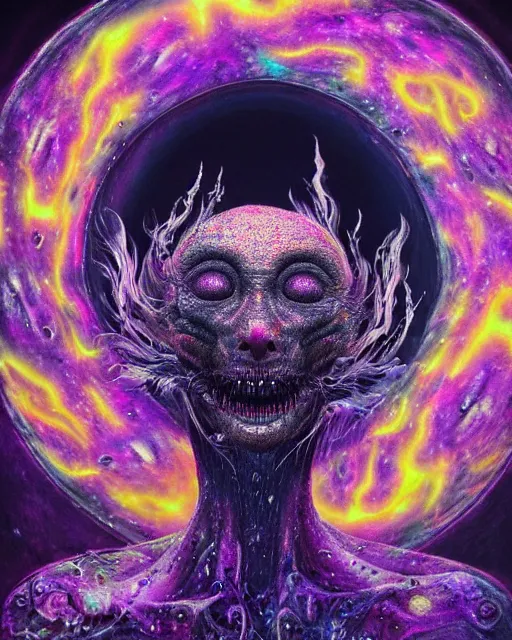 Prompt: realistic portrait of a creature experiment gone wrong, opened portal, psychedelic, dark art, facing camera, photo realistic, detailed, 1 4 5 0, delicate, hyper realism, ultra realistic, 8 k