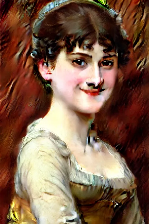 Image similar to jane austen, smile, ahaha, painting by rossetti bouguereau, detailed art, artstation