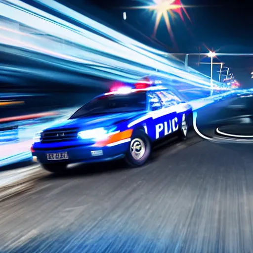 Image similar to police car driving, fast, police lights, 9 0 s action shot, car chase, ultra - realistic, color photography, zoom lens, speed blur