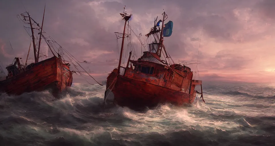 Prompt: a beautiful painting of a shipwreck of a fishing boat, gigantic, octane render, brilliantly coloured, intricate, ultra wide angle, trending on artstation, dusk, volumetric lighting, polished, micro details, ray tracing, 8k