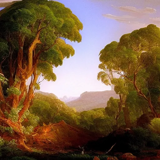 Prompt: a highly detailed painting of the australian bush by thomas cole