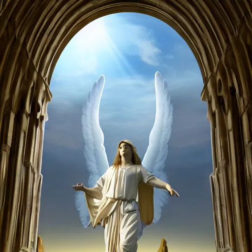 Image similar to gigantic biblical depiction of an angel towering over a vast landscape, cinematic, realistic, geometric body, photorealistic, detailed, white body, global illumination, volumetric lighting, 8 k, god rays, beautiful, majestic clouds