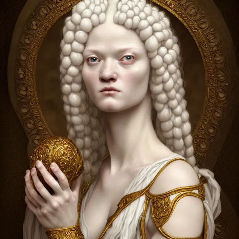 Image similar to renaissance style a wonderful woman albino goddess with a wonderful face and realistic arms and hands and realistic body with long intricate hair with a beautiful porcelain symmetrical body dressed with a majestic warp ornate cream long cotton dress, hightly ornate, intricate, detailed, dramatic light, cinematic, award winning, octane render, tom bagshaw style