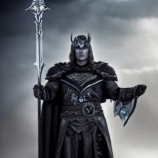 Prompt: Henry Cavill is arthas menethil the lich king realistic concept art