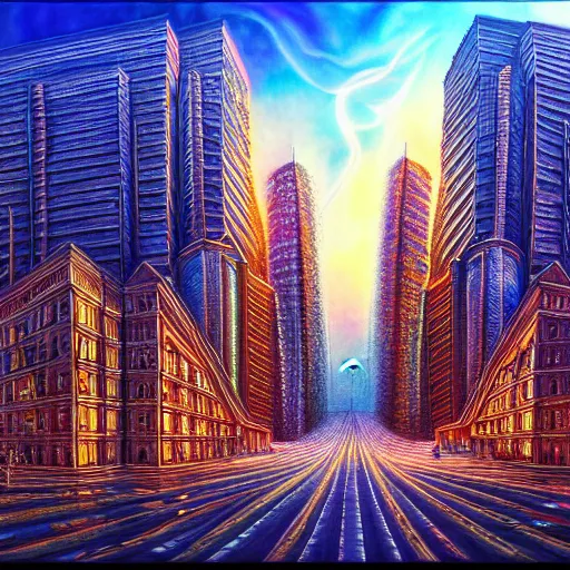 Image similar to highly detailed urban landscape, in the style of alex grey, tool, global illumination, radiant light, detailed and intricate environment h 6 0 4