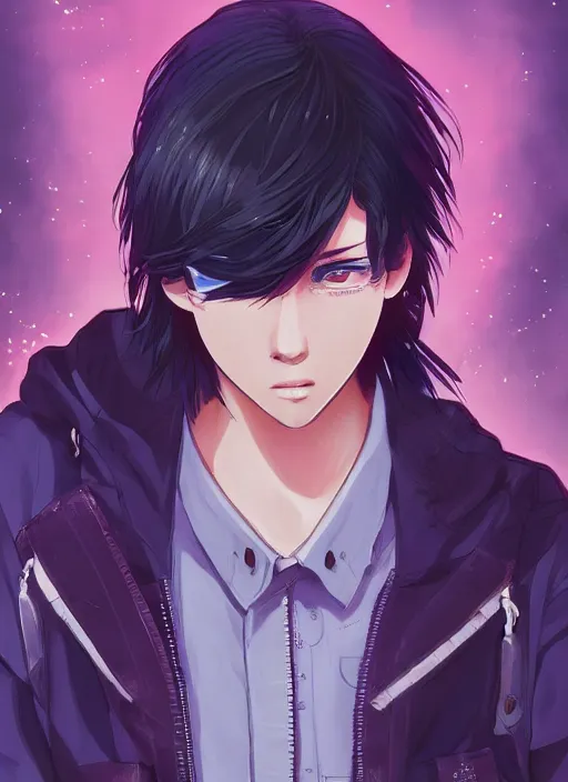 Image similar to teenager boy with straight indigo hair, purple eyes with red eye markers, slim body, wearing a detailed japanese combat clothes, golden details. rich vivid colors, ambient lighting, dynamic lighting, 4 k, official media, anime key visual, makoto shinkai, ilya kuvshinov, lois van baarle, rossdraws, detailed, trending on artstation