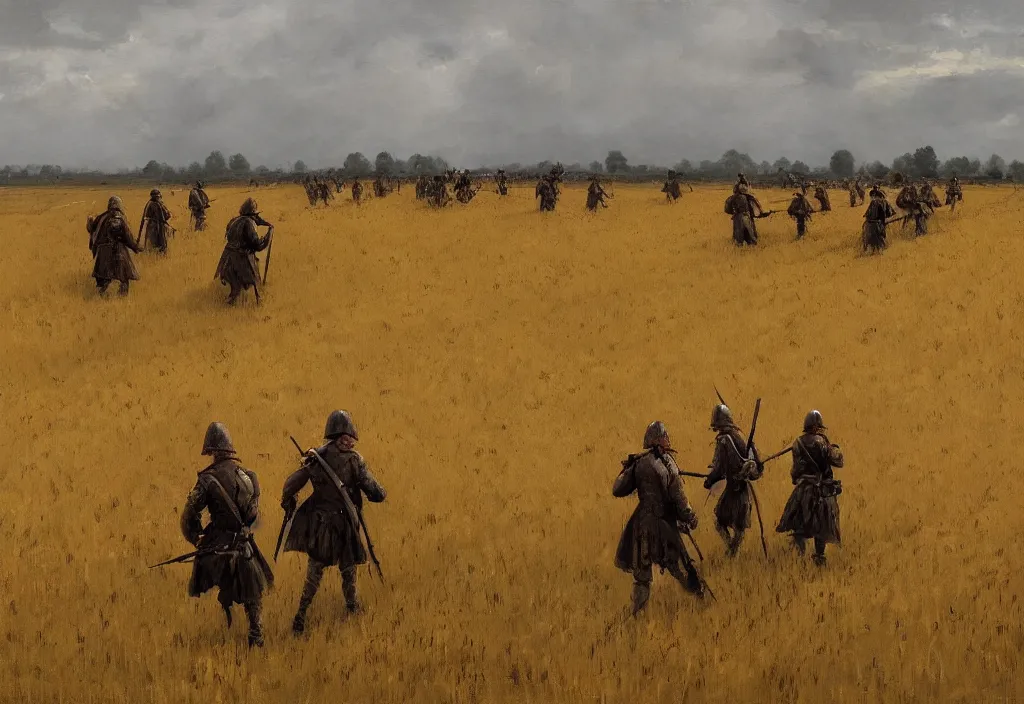 Image similar to swedish carolean soldiers marching across a wheat field, artstation, jakub rozalski, smoke, high detail